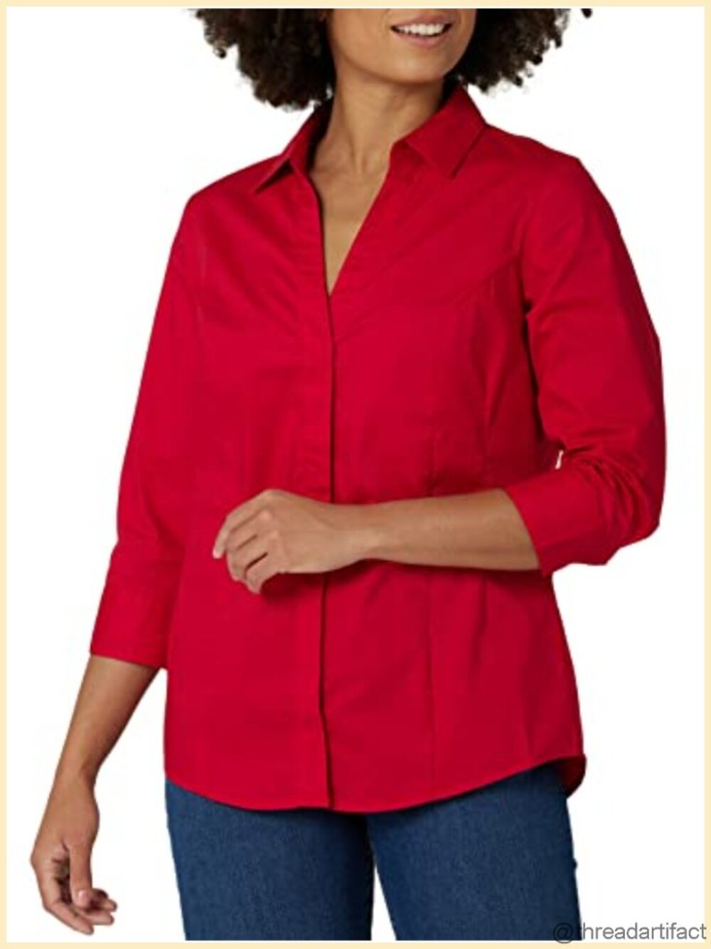 Wrinkle-Resistant Button-Down Blouse with 3/4 Sleeves